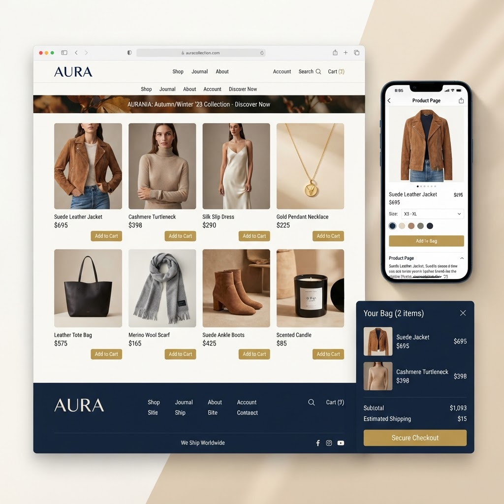 E-commerce Launch - premium online storefront with product grid, product page and shopping bag