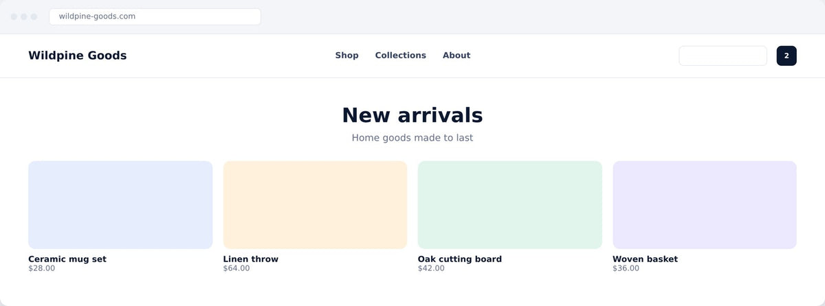 Example ecommerce store homepage with product grid