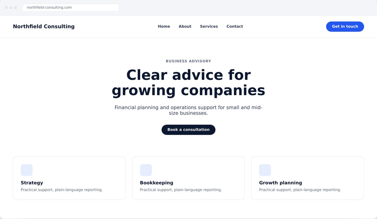Example simple business website homepage - consulting firm style